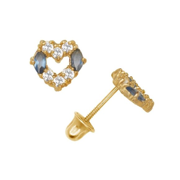 14K Solid Yellow Gold Heart Earrings Set With Cz And Marquise Shape Screw Backs - Picture 4 of 10